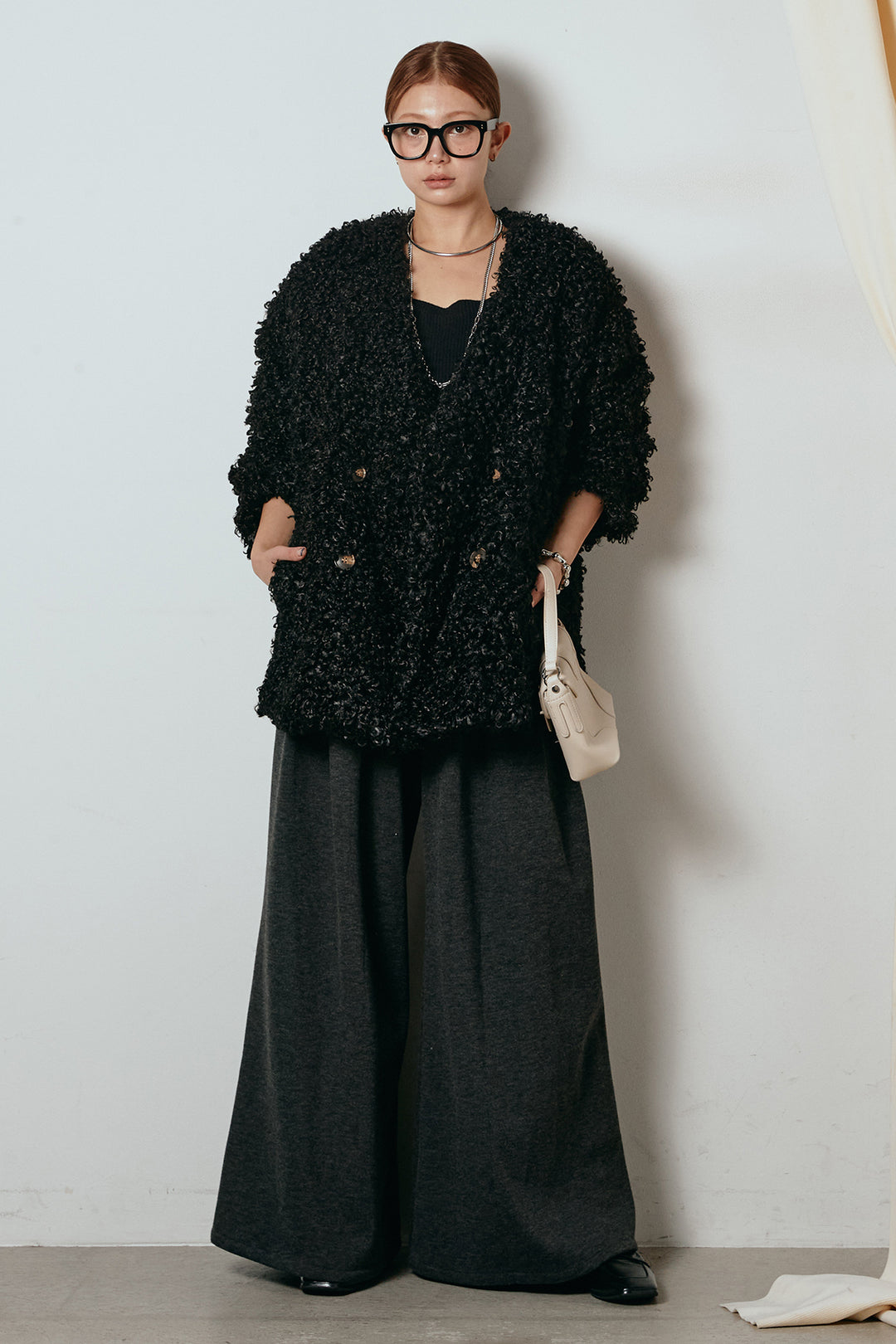 [SET]シープライクファージャケット+フェイクレザー太ベルト付きタックワイドパンツ(2set)