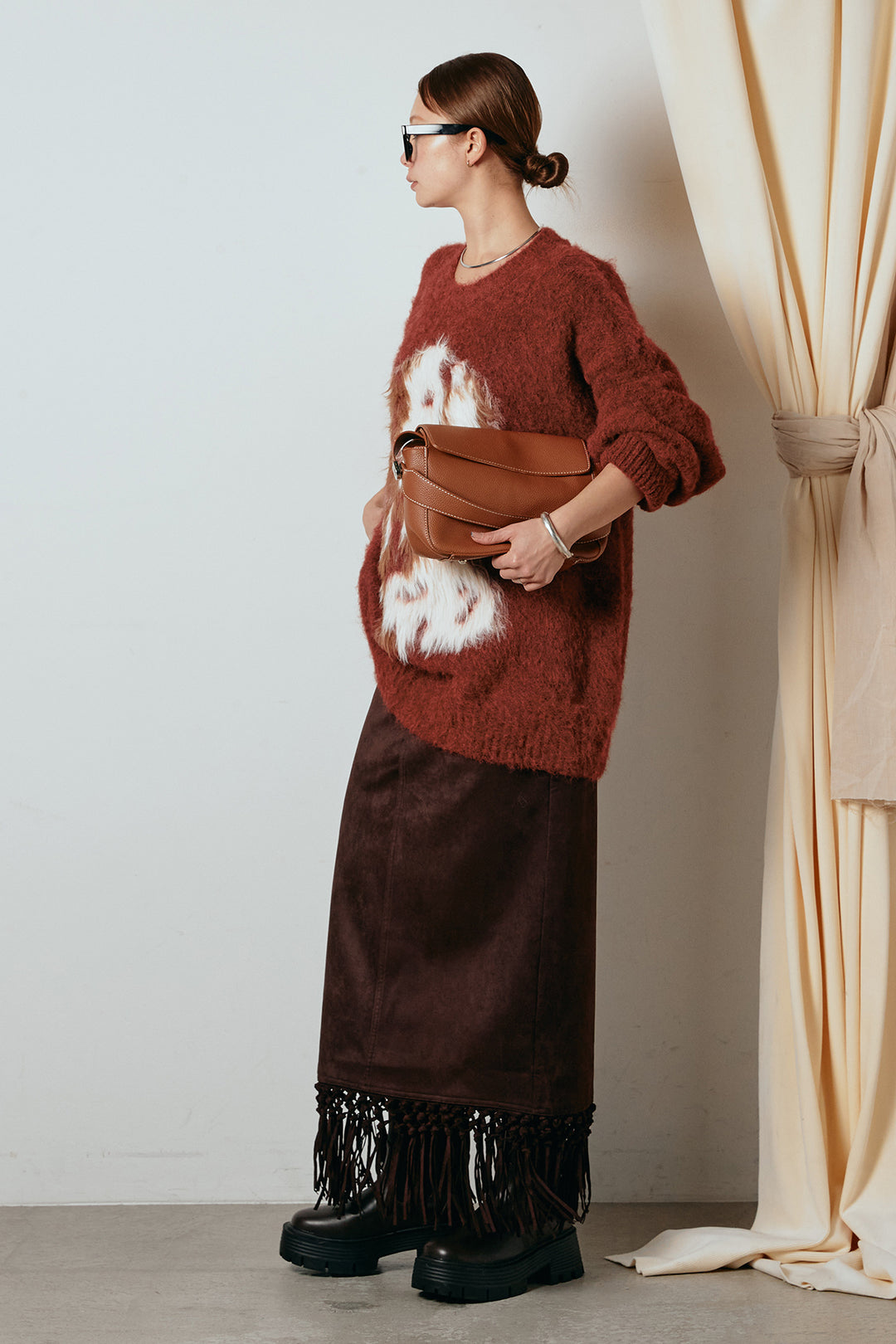 [SET]シャギーニュアンスアニマルニット+スウェードライク裾フリンジスカート(2set)