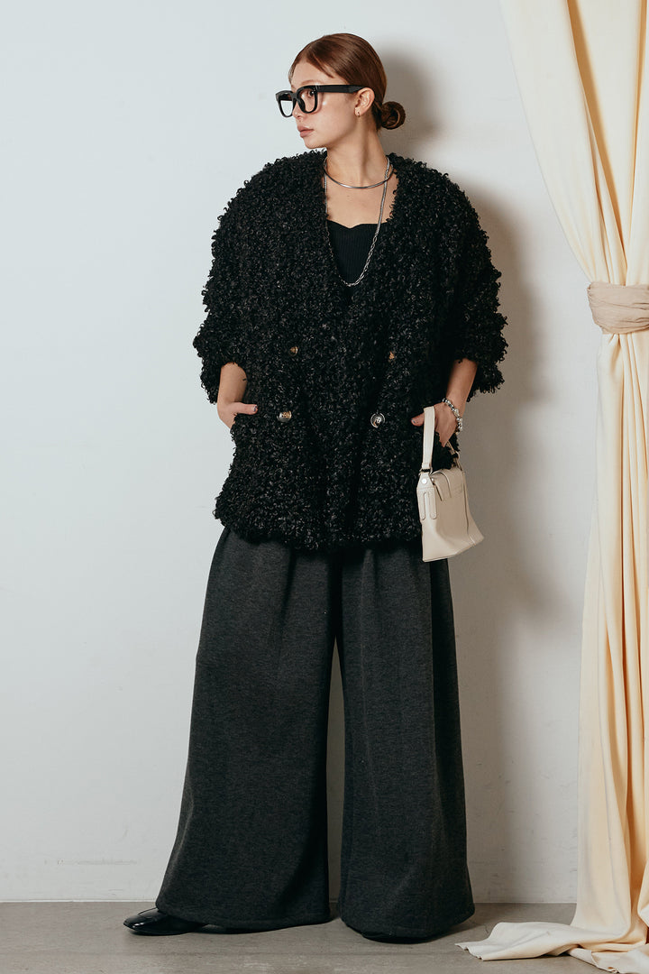 [SET]シープライクファージャケット+フェイクレザー太ベルト付きタックワイドパンツ(2set)