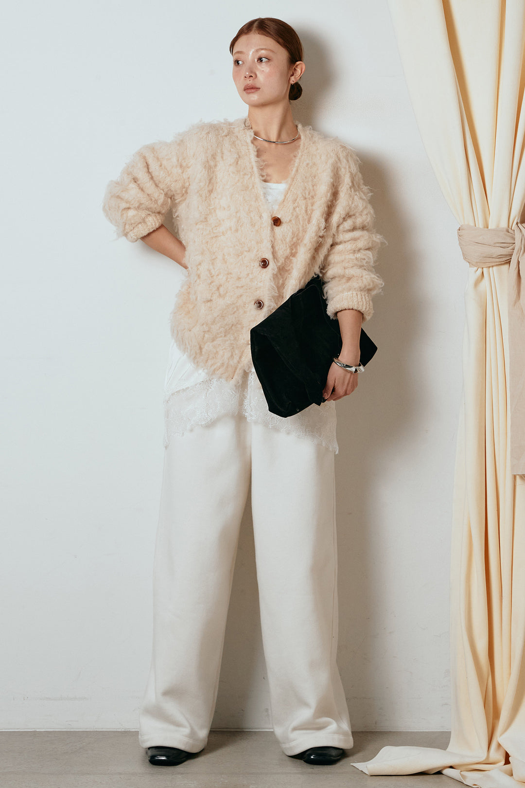 [SET]ルーズシャギーニットカーディガン+レース切り替えキャミソール(2set)