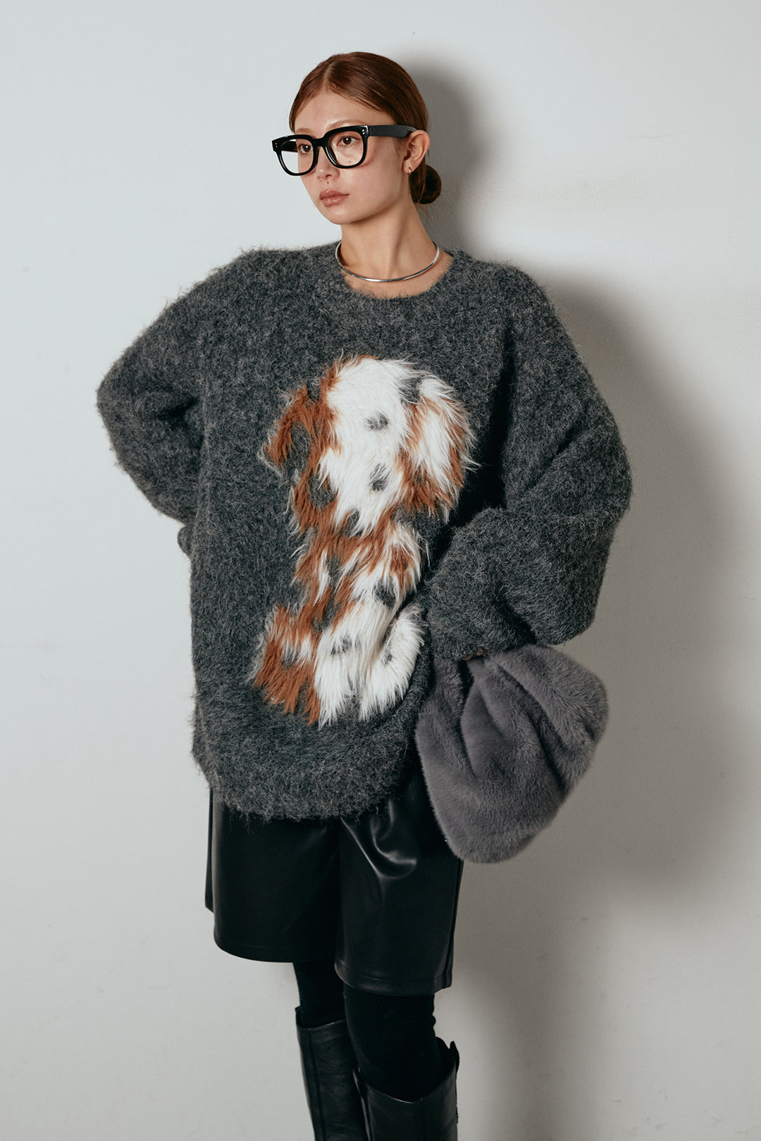 [SET]シャギーニュアンスアニマルニット+ストレッチエコレザーバミューダパンツ(2set)