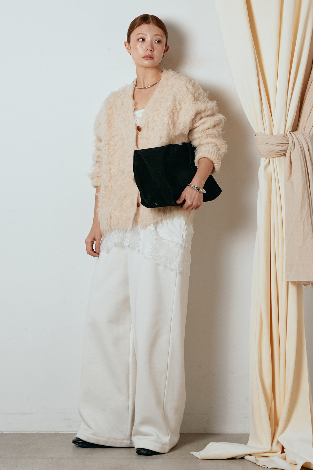 [SET]ルーズシャギーニットカーディガン+裏起毛スウェットワイドパンツ(2set)