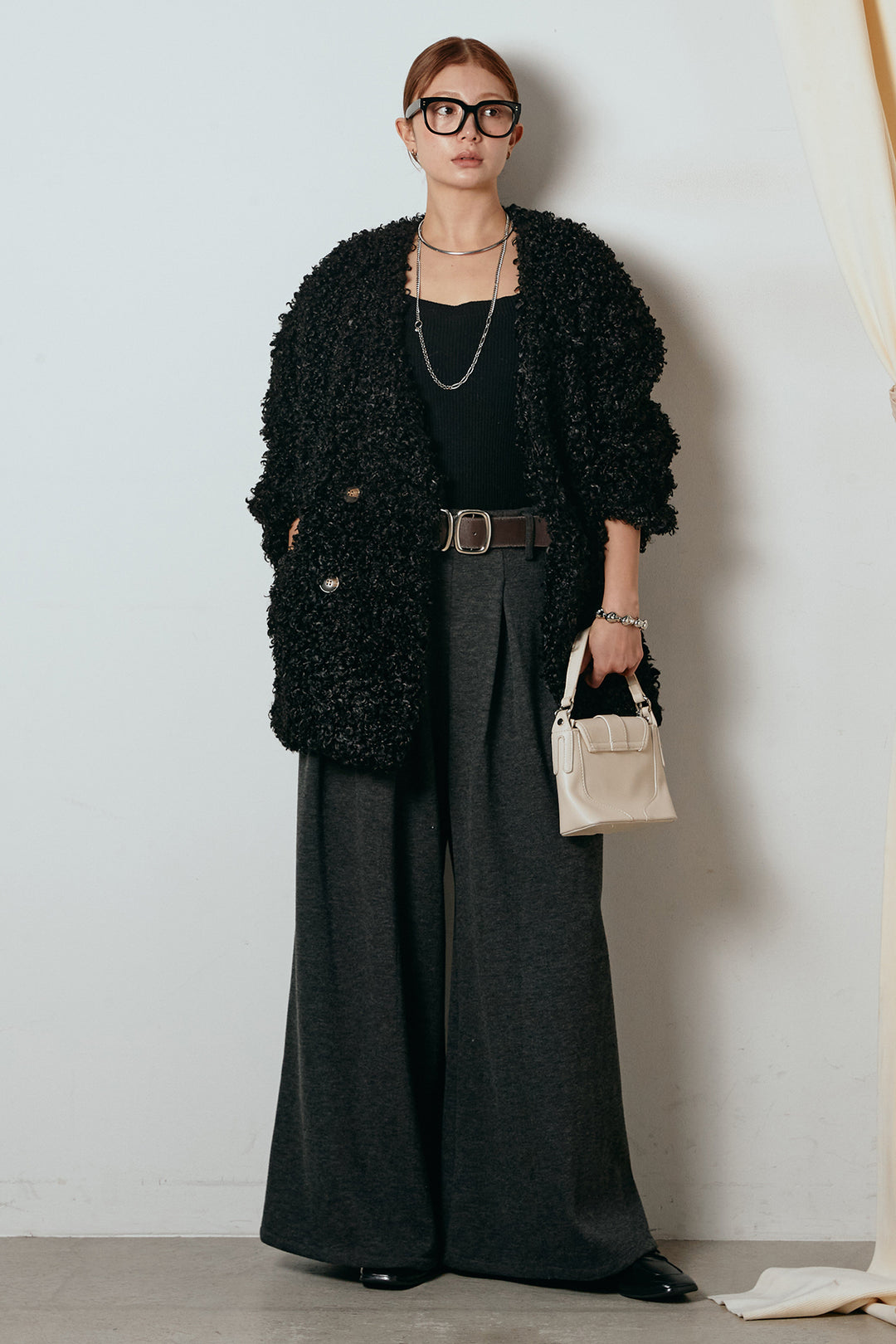 [SET]シープライクファージャケット+フェイクレザー太ベルト付きタックワイドパンツ(2set)