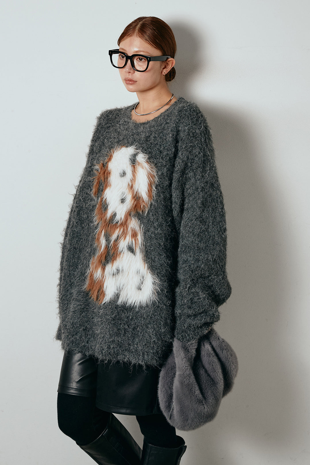 [SET]シャギーニュアンスアニマルニット+ストレッチエコレザーバミューダパンツ(2set)