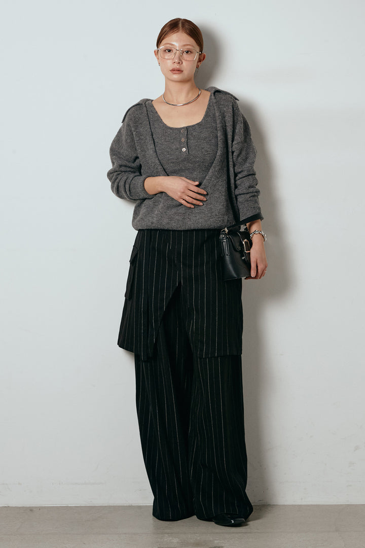 [SET]襟付きレイヤードニットトップス+細ストライプレイヤードデザインパンツ(2set)