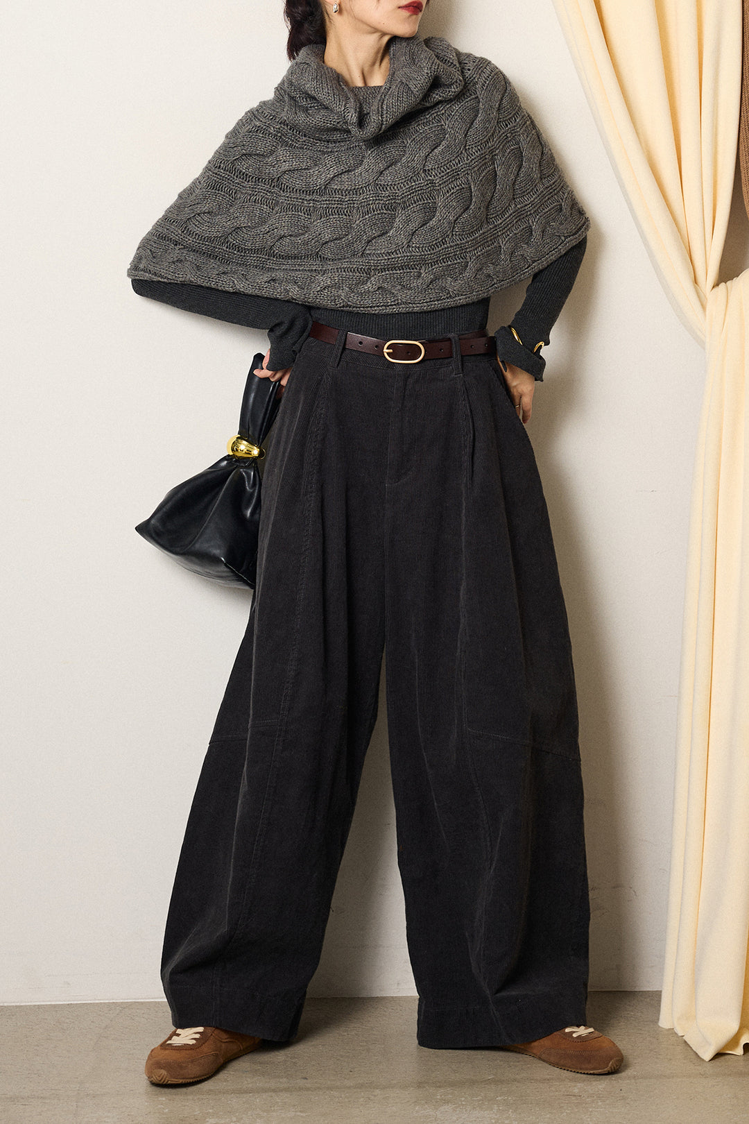 [SET]ケーブル編みケープレイヤードニット+タック入りコーデュロイワイドパンツ(2set)