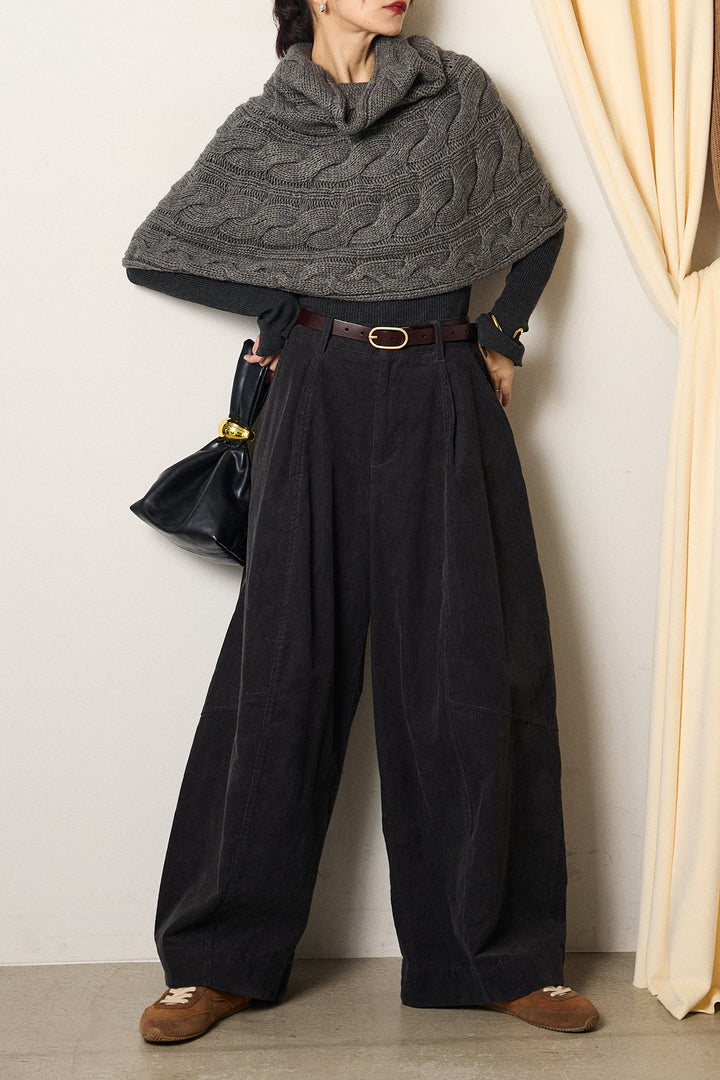 [SET]ケーブル編みケープレイヤードニット+タック入りコーデュロイワイドパンツ(2set)