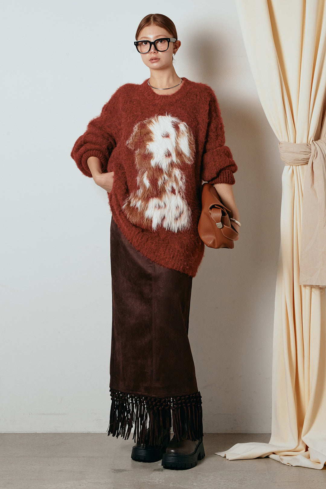 [SET]シャギーニュアンスアニマルニット+スウェードライク裾フリンジスカート(2set)