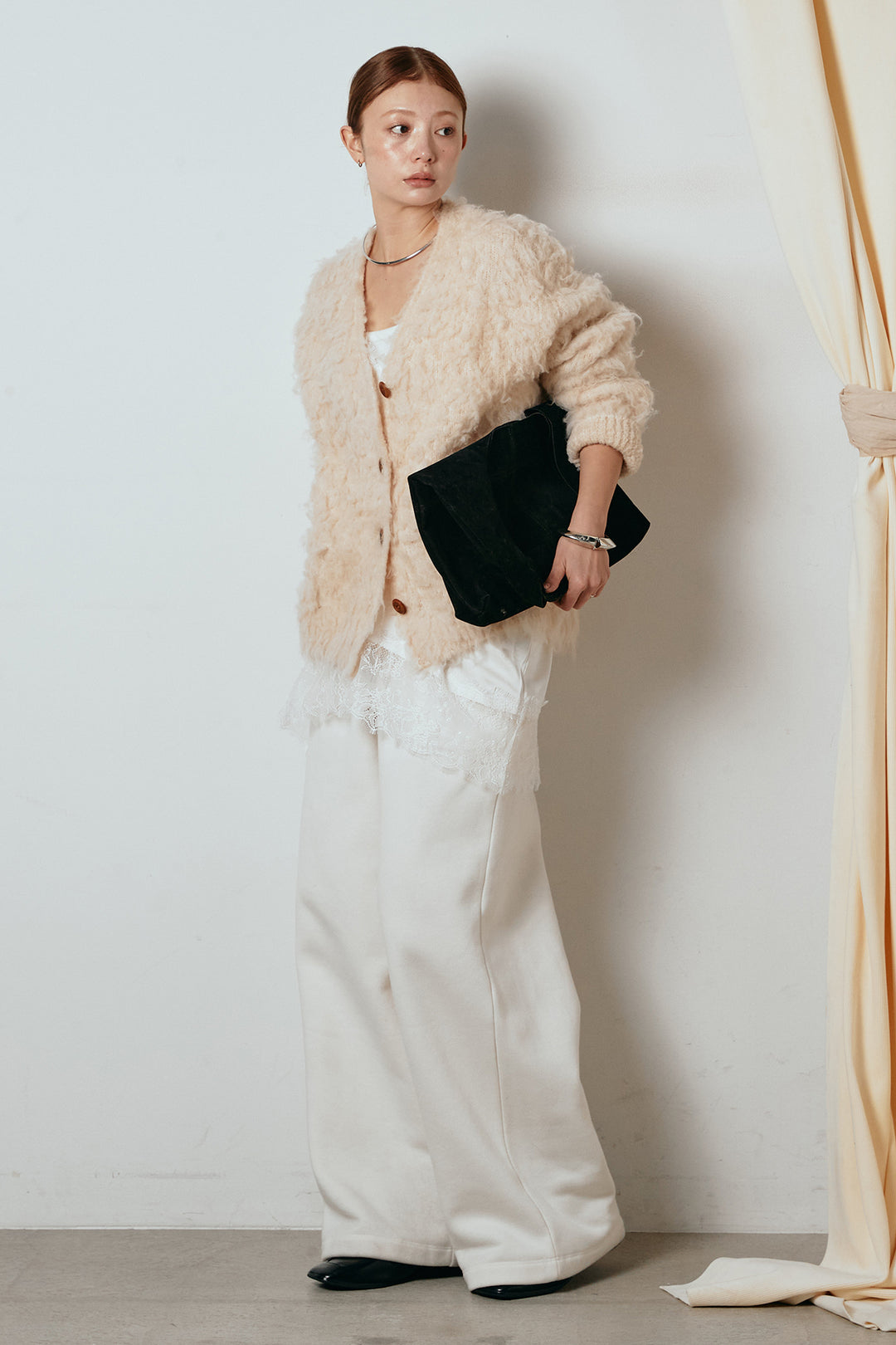 [SET]ルーズシャギーニットカーディガン+裏起毛スウェットワイドパンツ+レース切り替えキャミソール(3set)