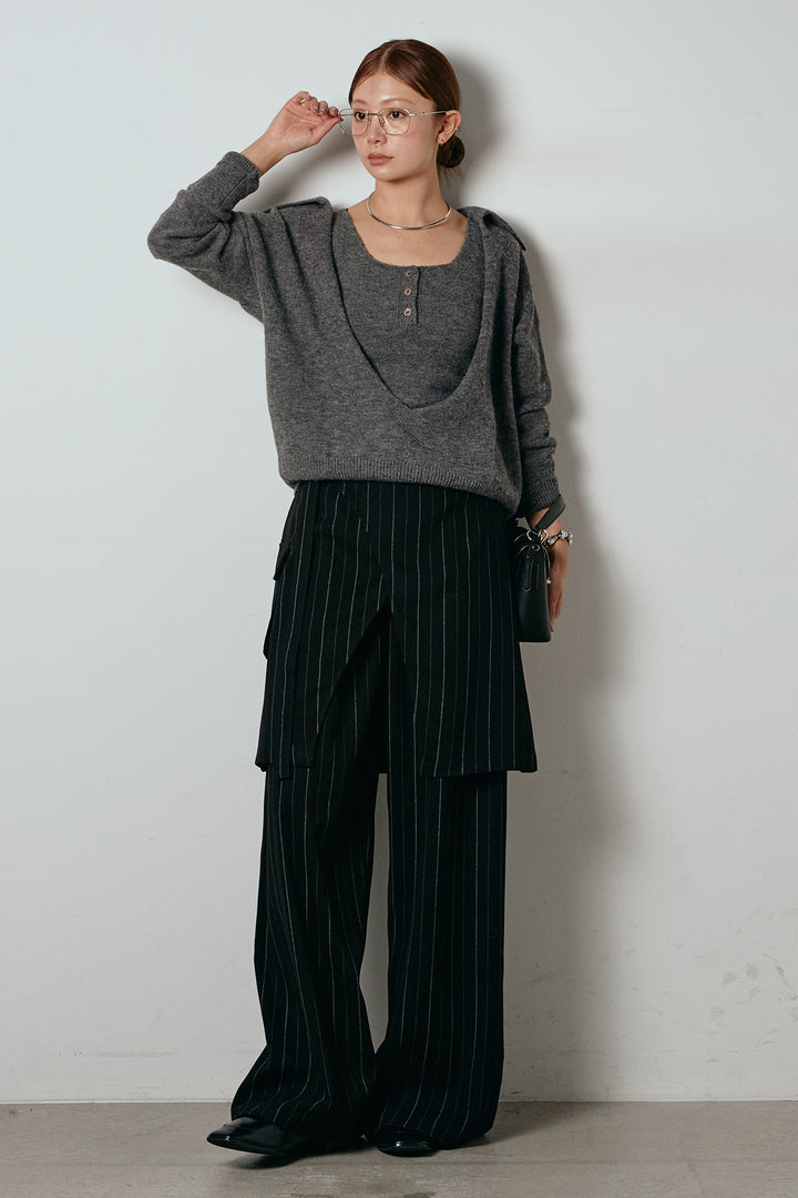 [SET]襟付きレイヤードニットトップス+細ストライプレイヤードデザインパンツ(2set)