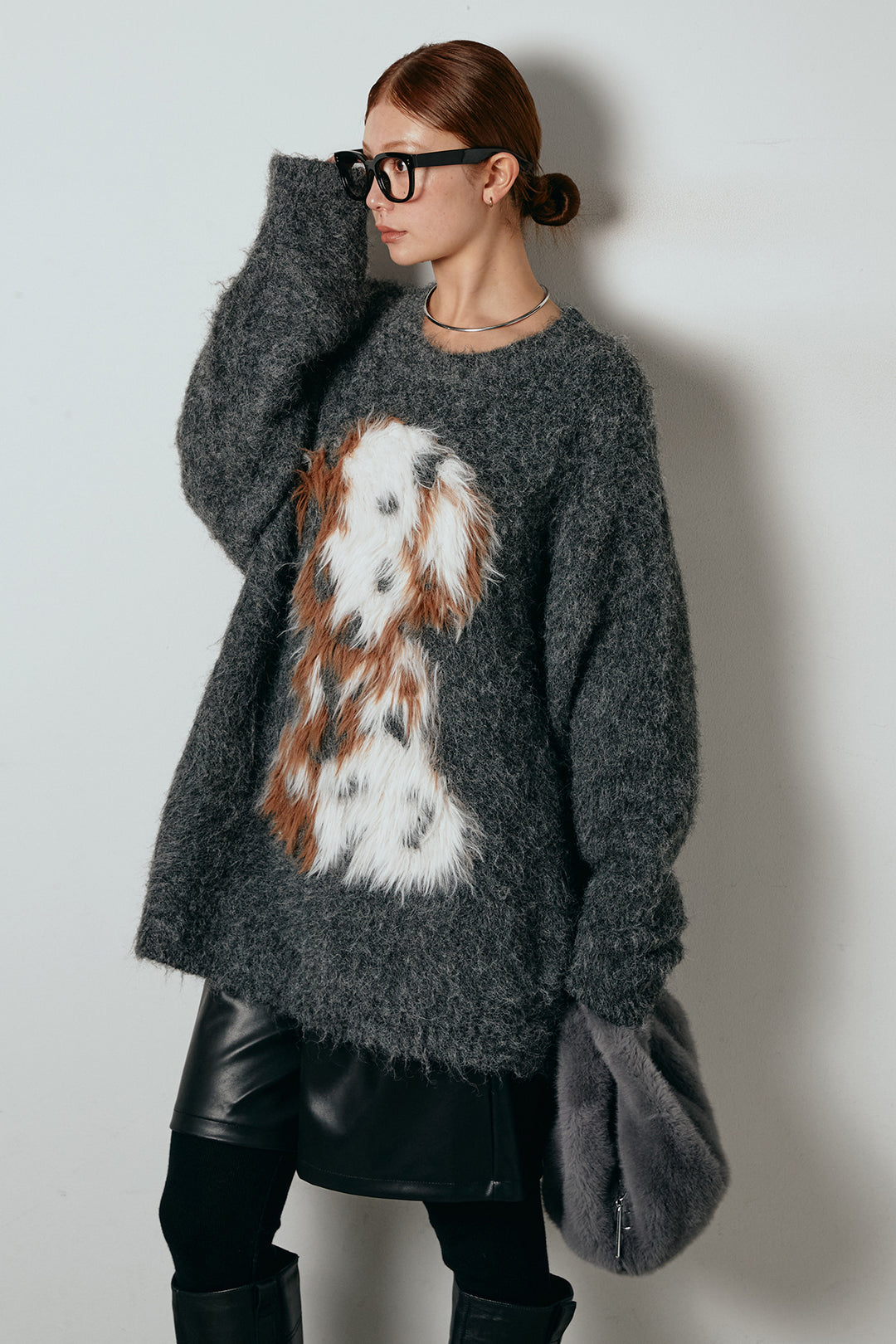 [SET]シャギーニュアンスアニマルニット+ストレッチエコレザーバミューダパンツ(2set)