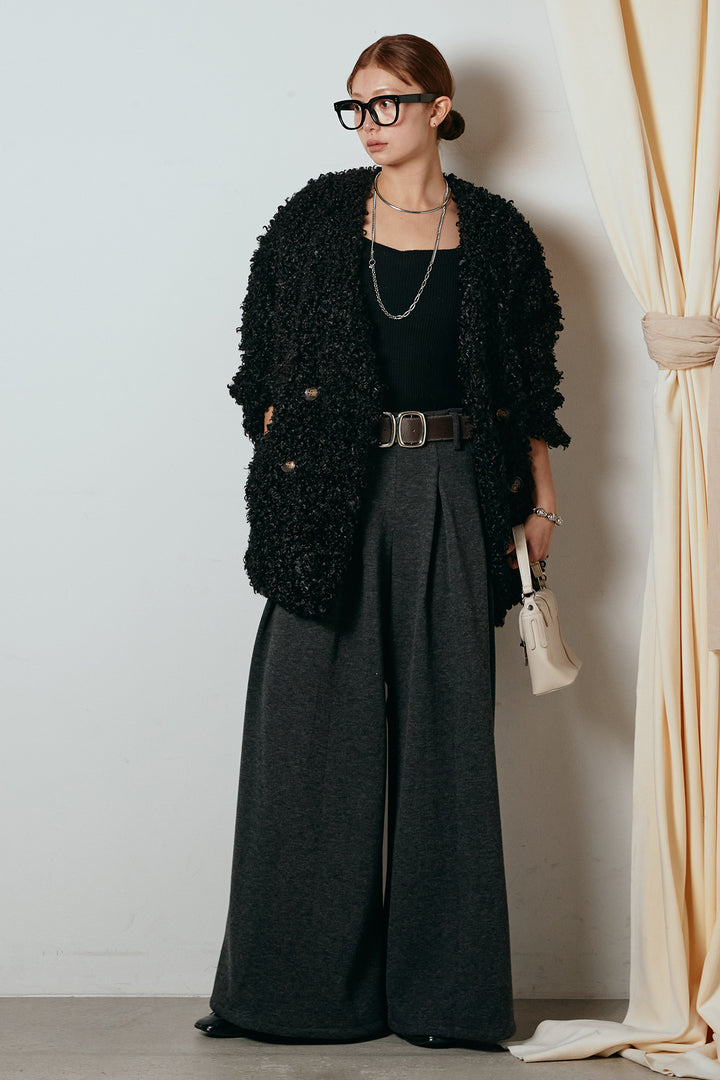 [SET]シープライクファージャケット+フェイクレザー太ベルト付きタックワイドパンツ(2set)