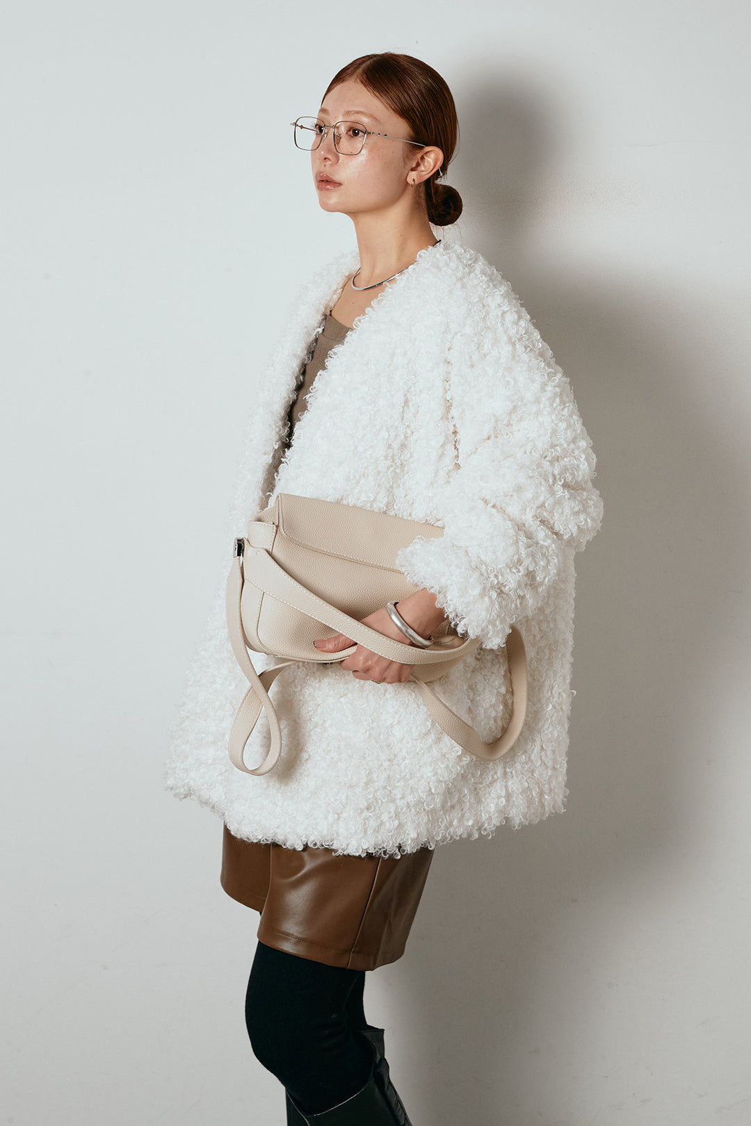 [SET]シープライクファージャケット+ストレッチエコレザーバミューダパンツ(2set)