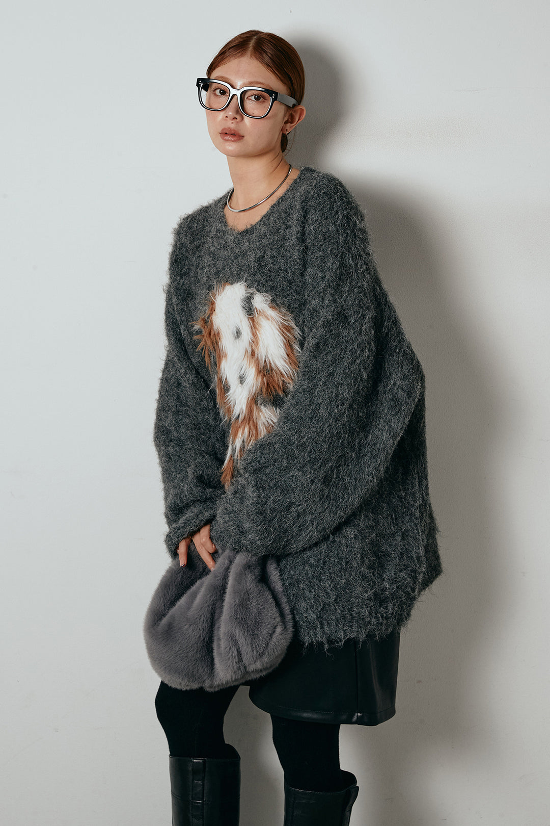 [SET]シャギーニュアンスアニマルニット+ストレッチエコレザーバミューダパンツ(2set)