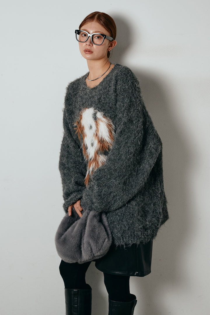 [SET]シャギーニュアンスアニマルニット+ストレッチエコレザーバミューダパンツ(2set)