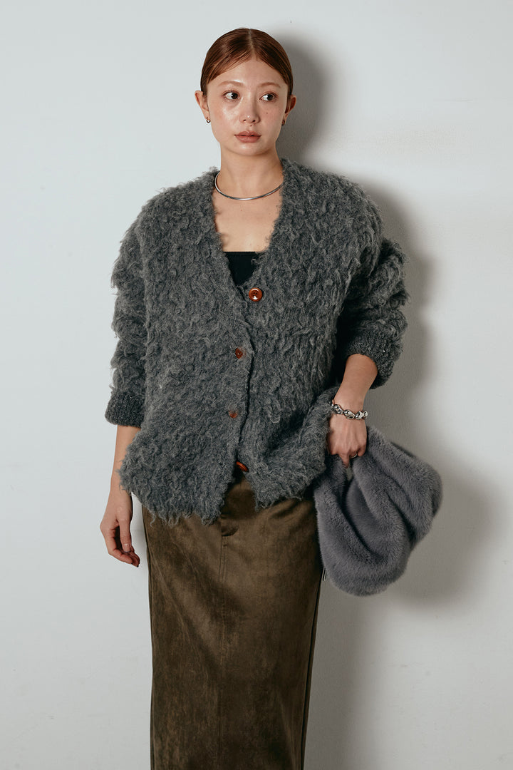 [SET]ルーズシャギーニットカーディガン+スウェードライク裾フリンジスカート(2set)