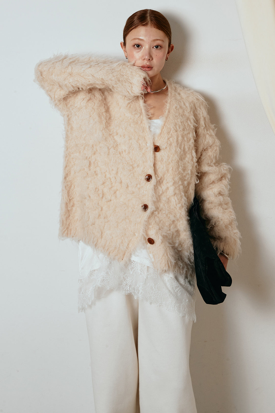 [SET]ルーズシャギーニットカーディガン+裏起毛スウェットワイドパンツ(2set)