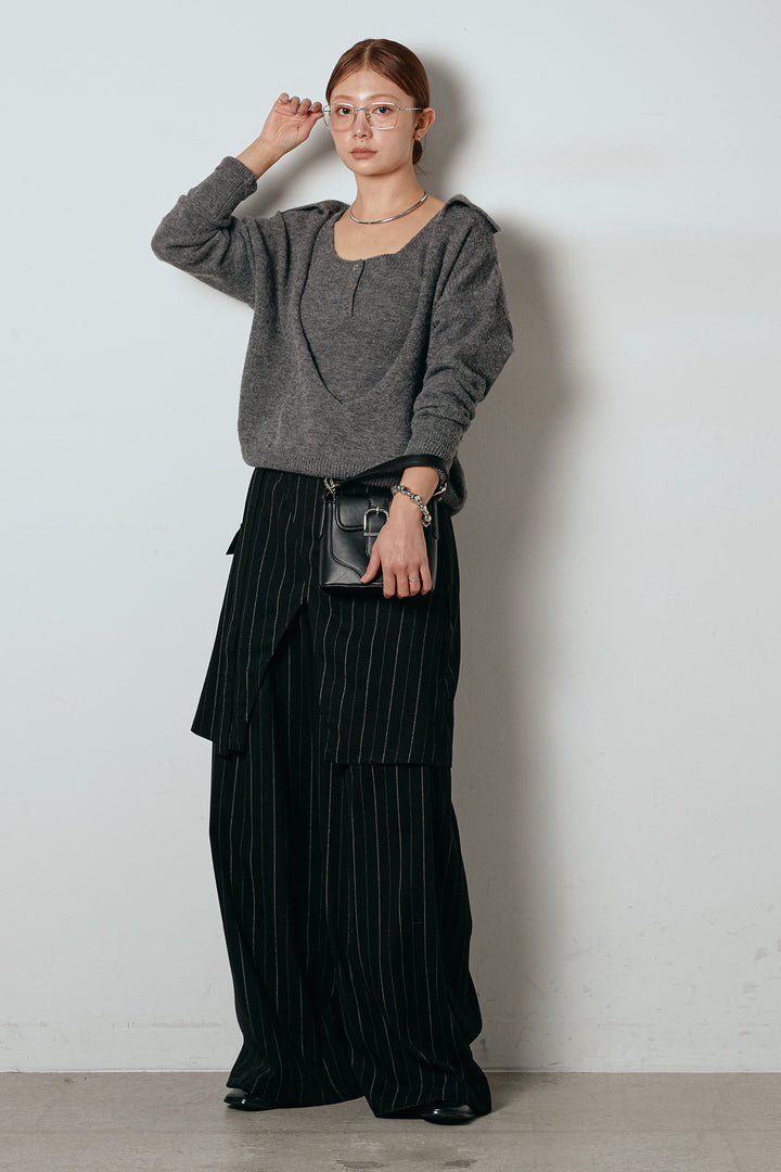 [SET]襟付きレイヤードニットトップス+細ストライプレイヤードデザインパンツ(2set)