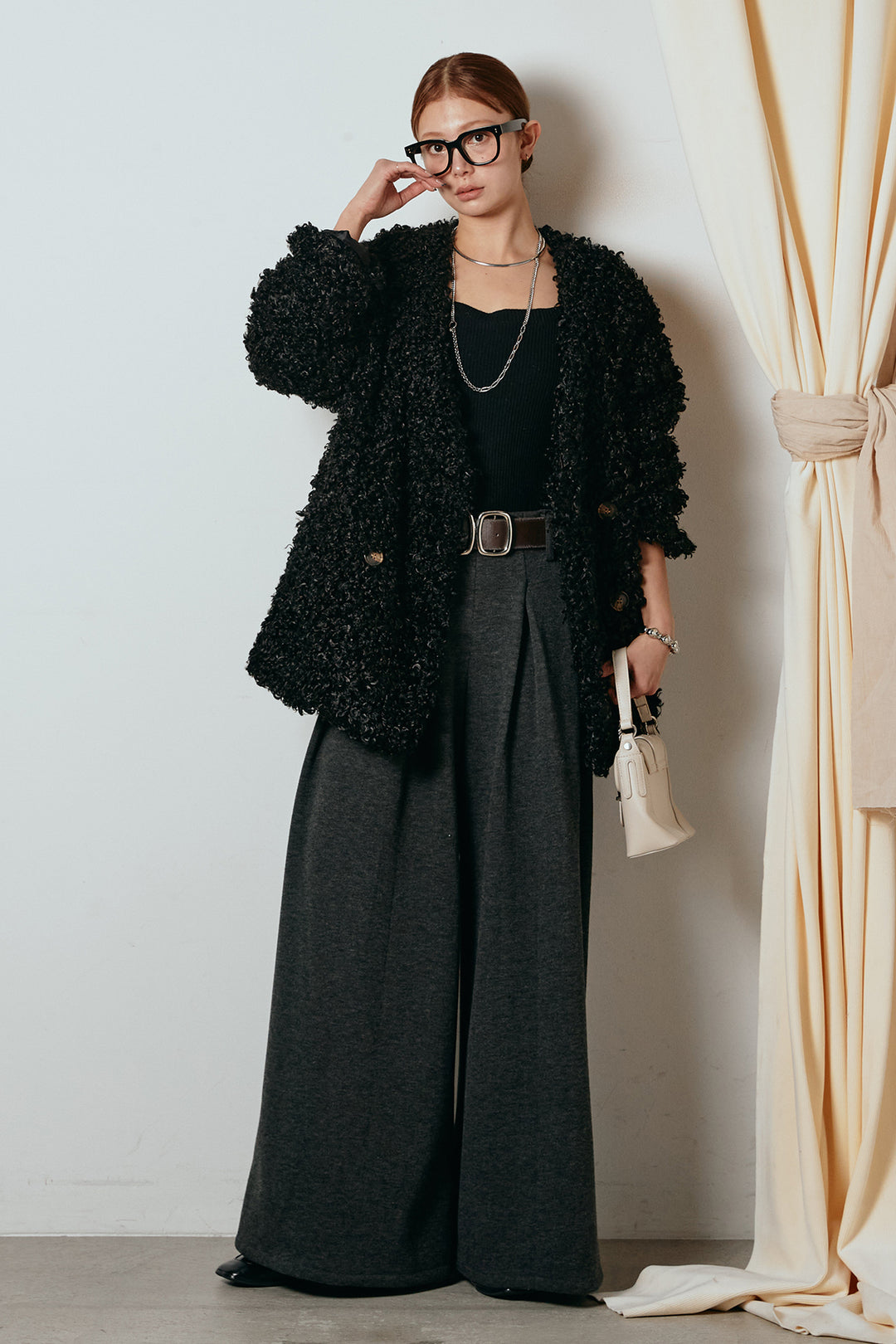 [SET]シープライクファージャケット+フェイクレザー太ベルト付きタックワイドパンツ(2set)