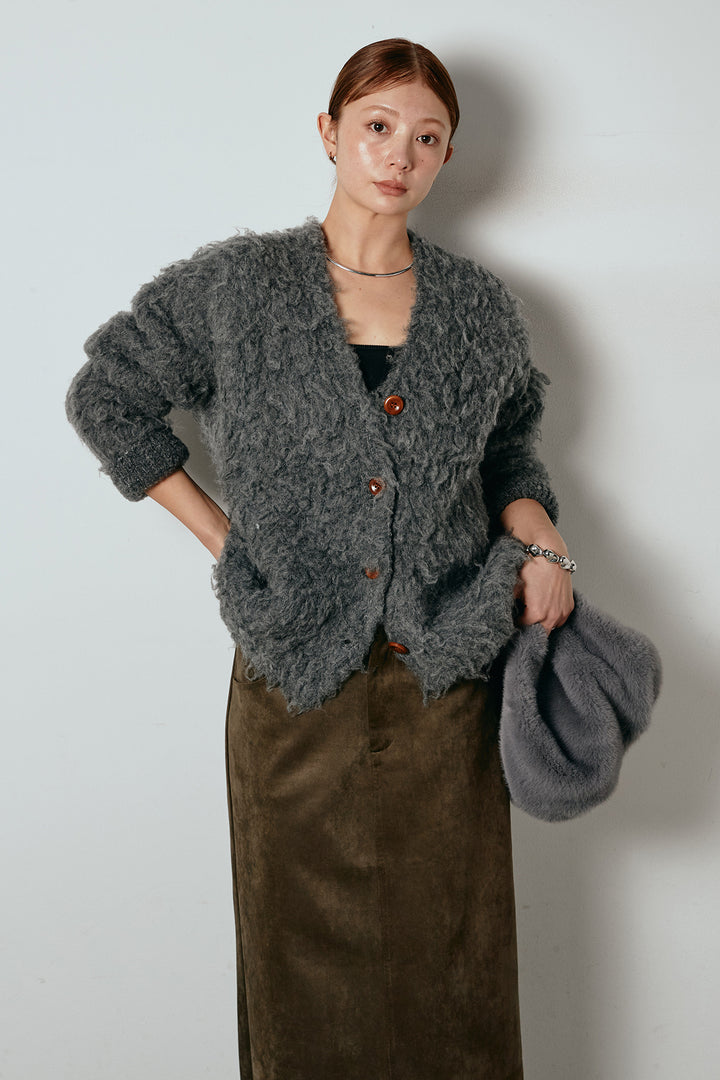 [SET]ルーズシャギーニットカーディガン+スウェードライク裾フリンジスカート(2set)