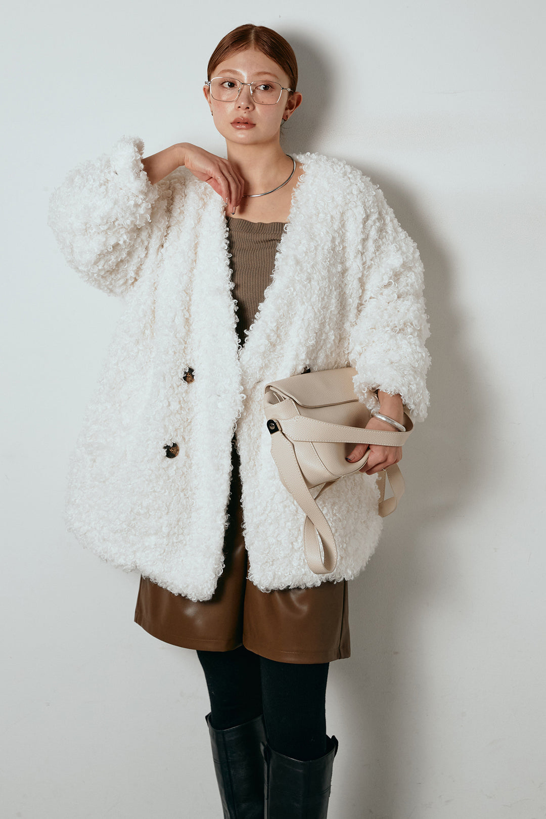 [SET]シープライクファージャケット+ストレッチエコレザーバミューダパンツ(2set)