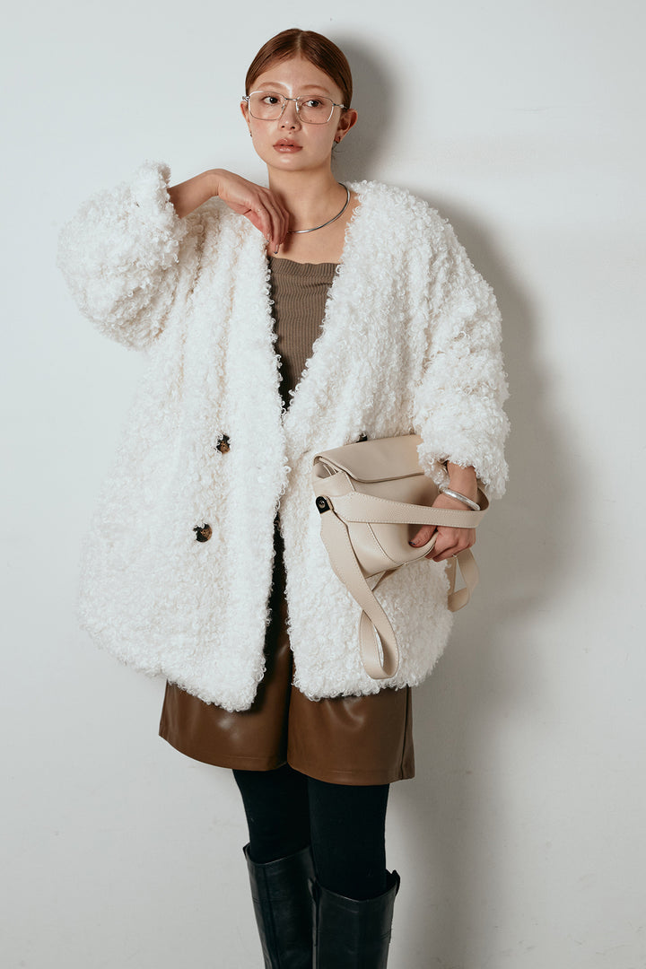 [SET]シープライクファージャケット+ストレッチエコレザーバミューダパンツ(2set)