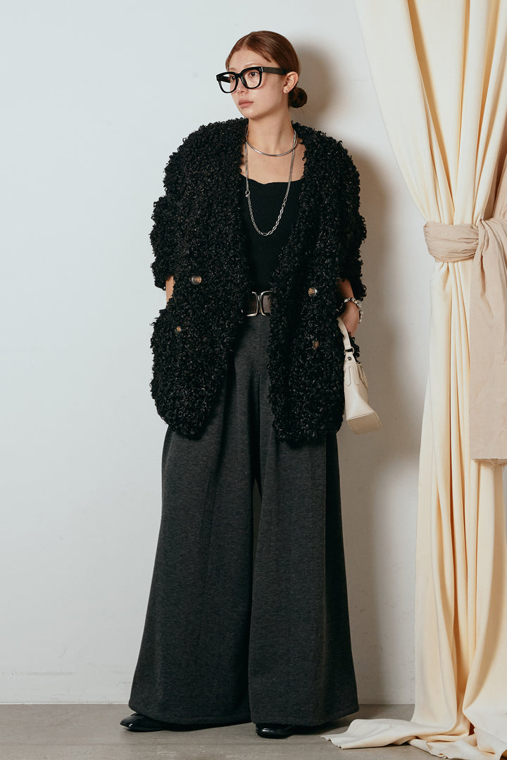 [SET]シープライクファージャケット+フェイクレザー太ベルト付きタックワイドパンツ(2set)