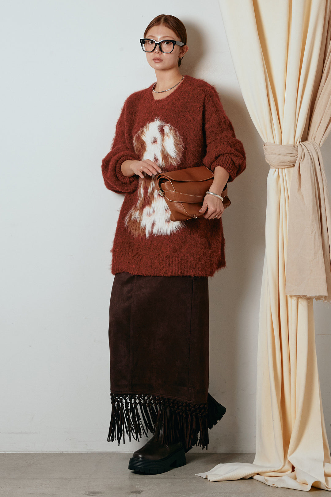 [SET]シャギーニュアンスアニマルニット+スウェードライク裾フリンジスカート(2set)