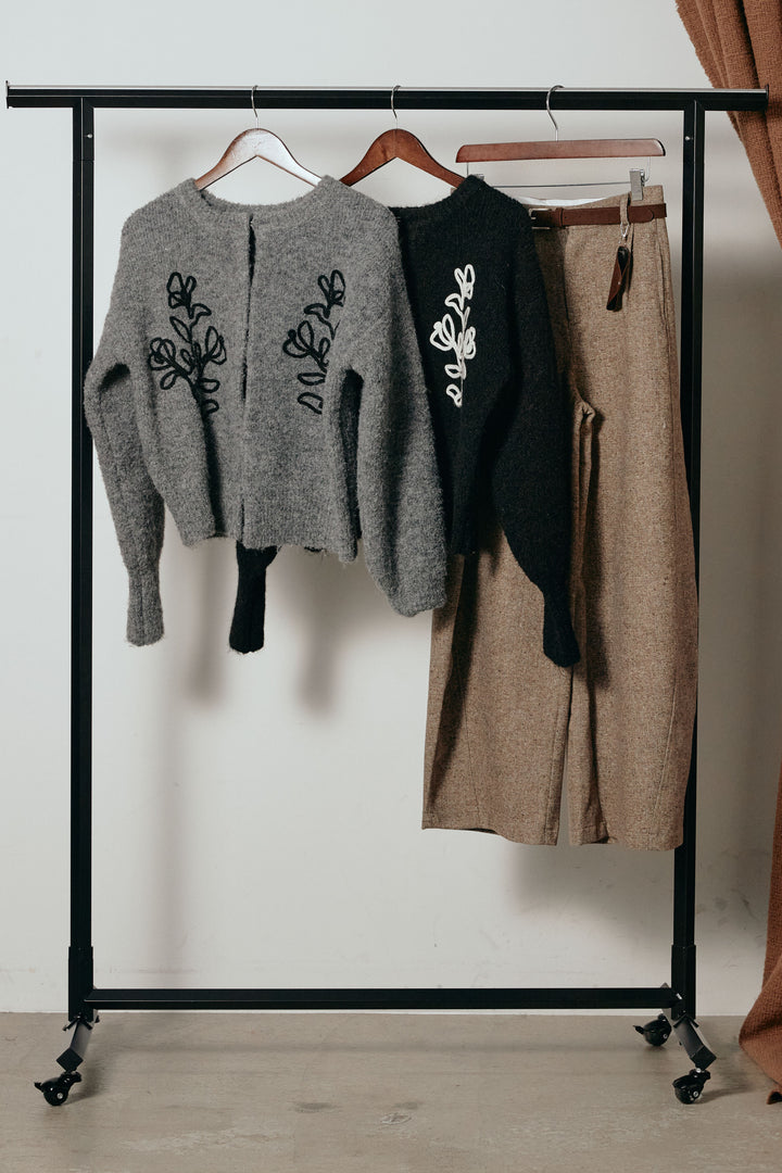 【着回しセット】[SET]テープ刺繍ニットカーディガン+テープ刺繍ニットカーディガン+ベルト付きネップツイードカーブパンツ(3set)