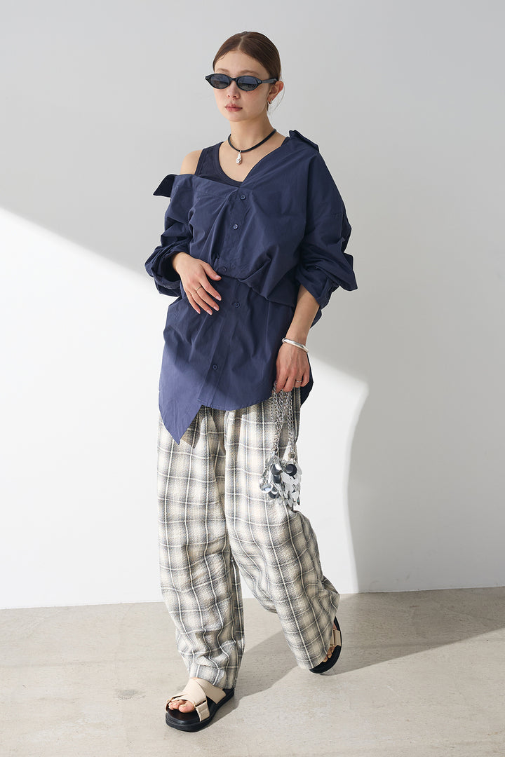 [SET]タンク付きアシメシャツ+タータンチェックワイドパンツ(2set)