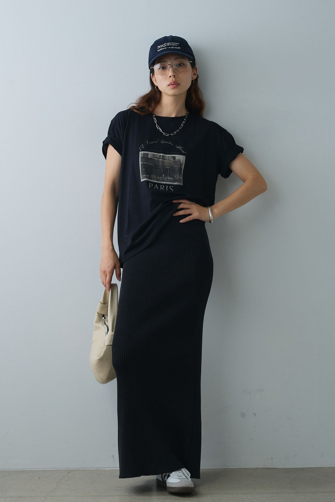 [SET]PARISフォトTシャツ+パッド付きスクエアネックリブニットワンピース(2set)