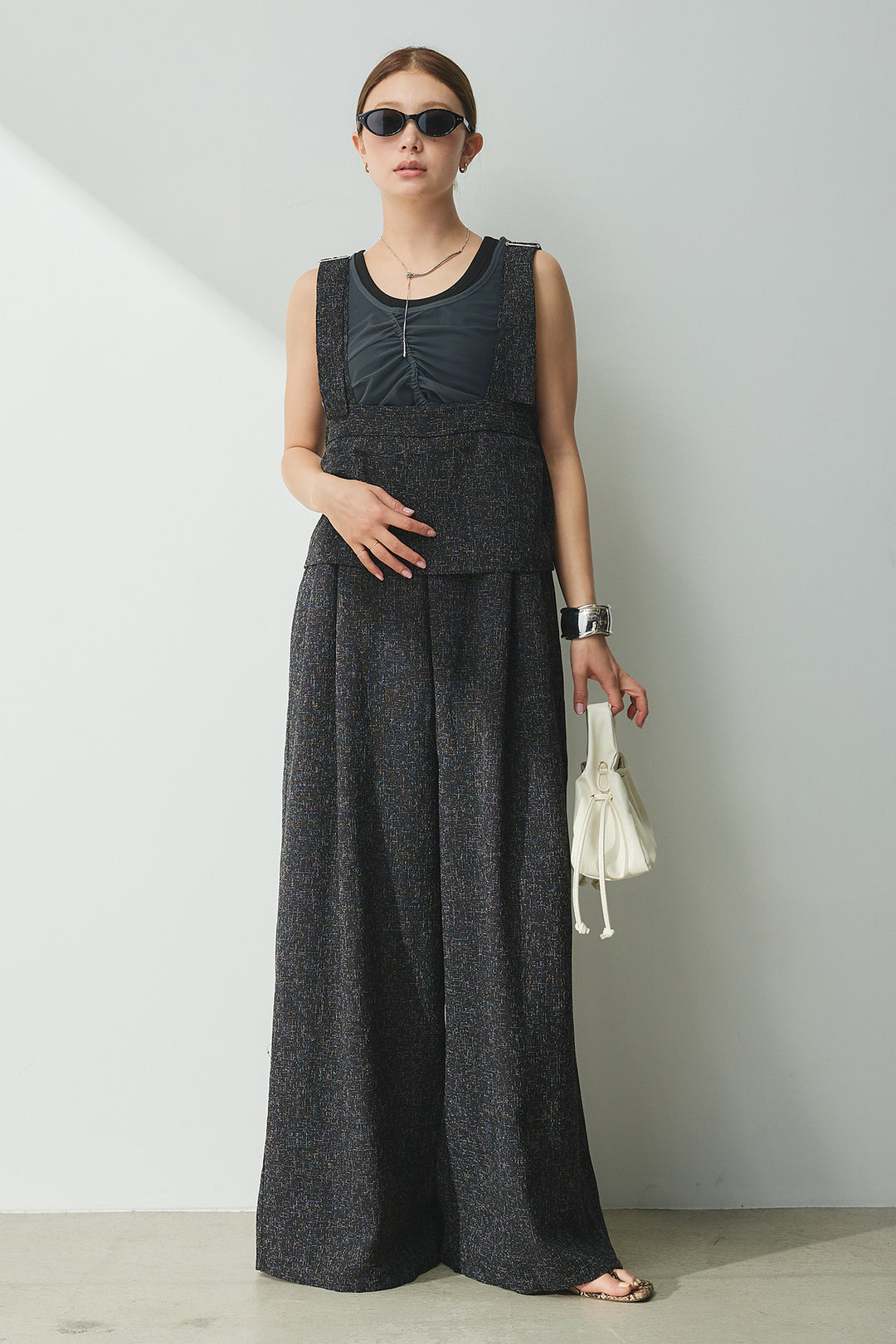 [SET]シャーリングシアータンクxリブタンクSET+ツイードライクケープサロペット(2set)