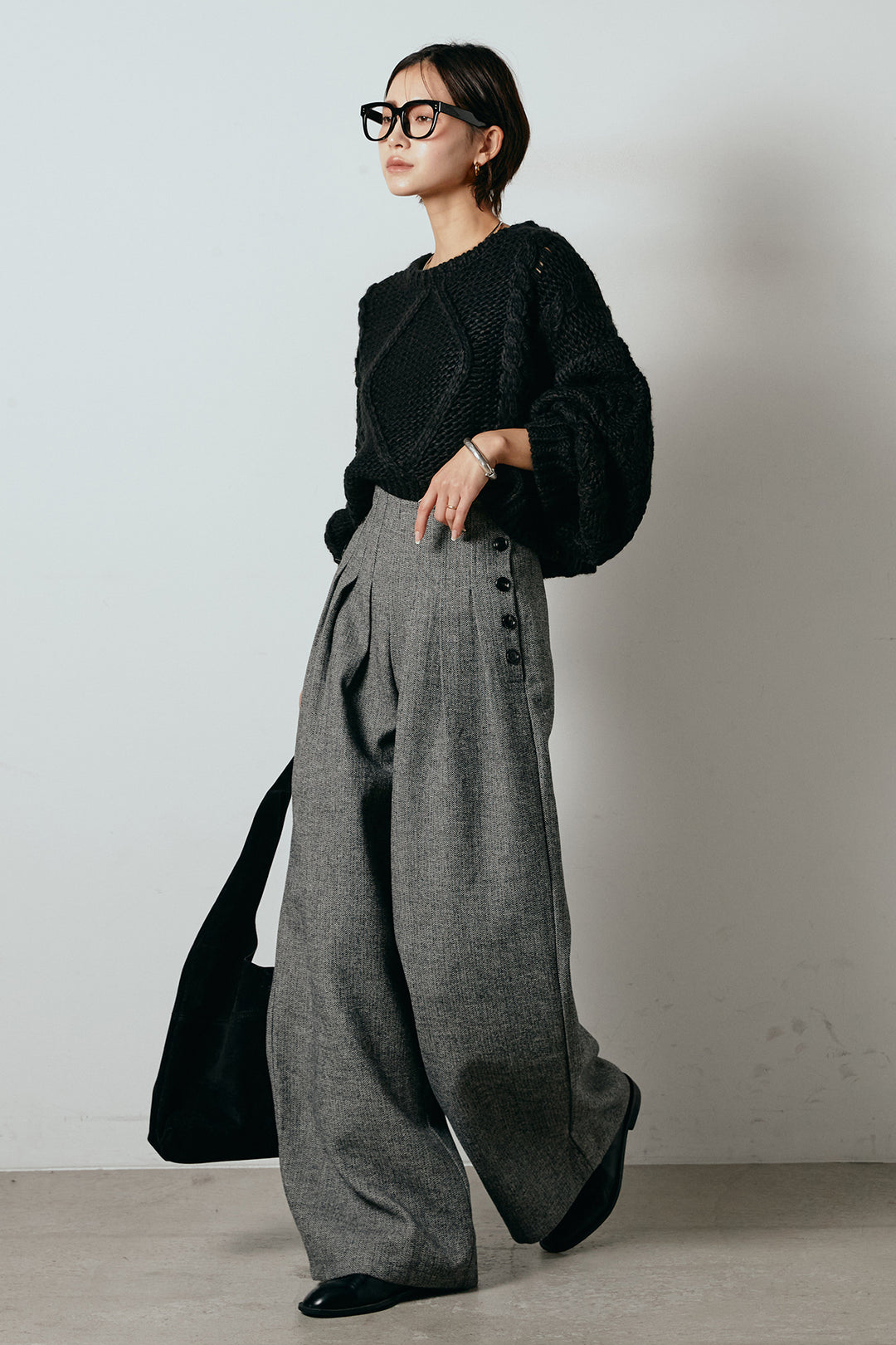 [SET]ロービングケーブルショート丈プルオーバー+サイドボタンツイードタックパンツ(2set)