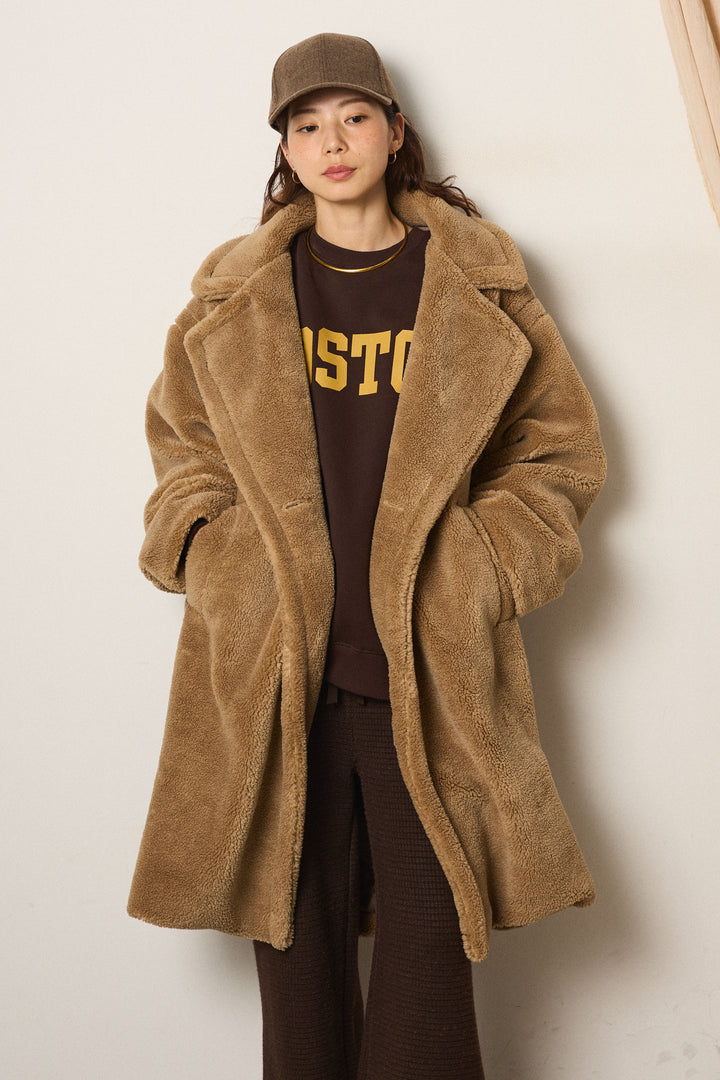 [SET]テディボアロングコート+ロゴデザインルーズスウェット+花柄刺繍ベロアフレアスカート(3set)