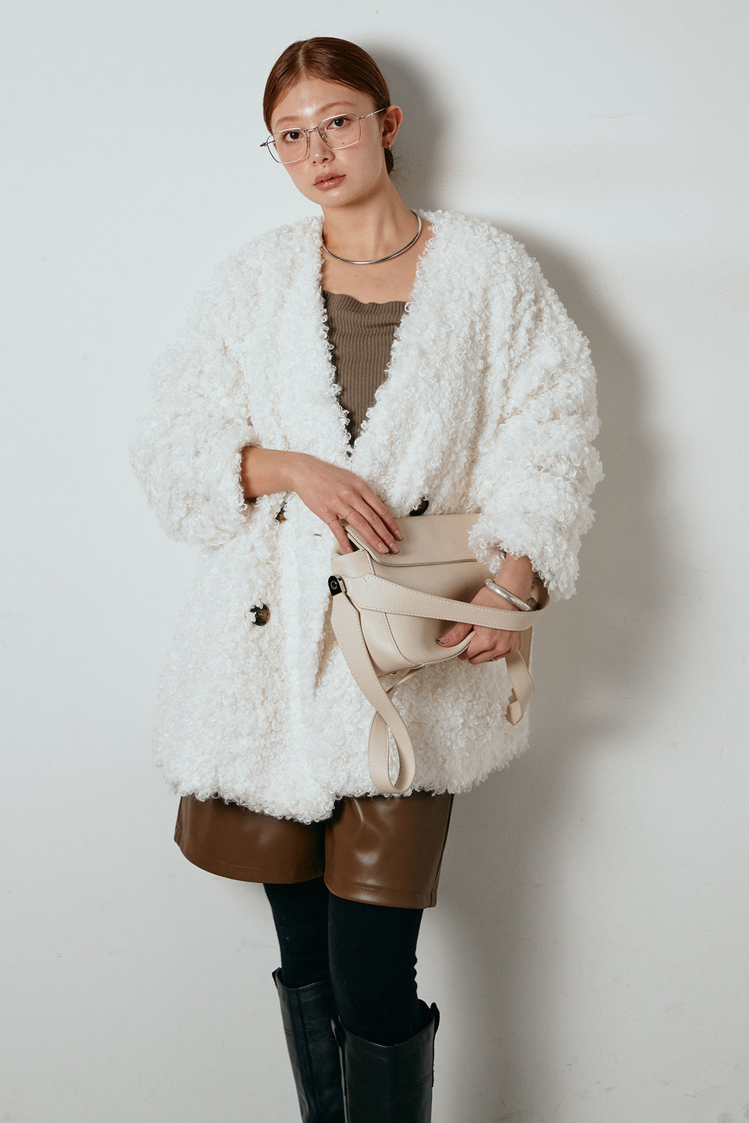 [SET]シープライクファージャケット+ストレッチエコレザーバミューダパンツ(2set)