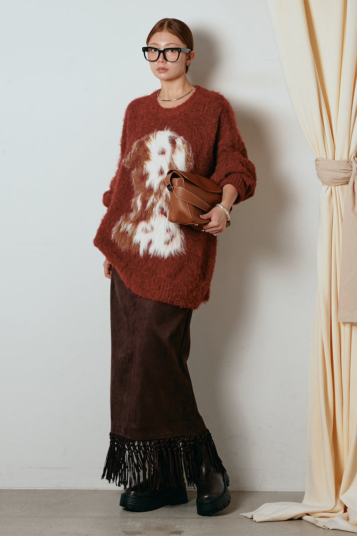 [SET]シャギーニュアンスアニマルニット+スウェードライク裾フリンジスカート(2set)