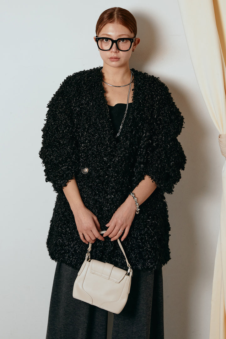 [SET]シープライクファージャケット+フェイクレザー太ベルト付きタックワイドパンツ(2set)