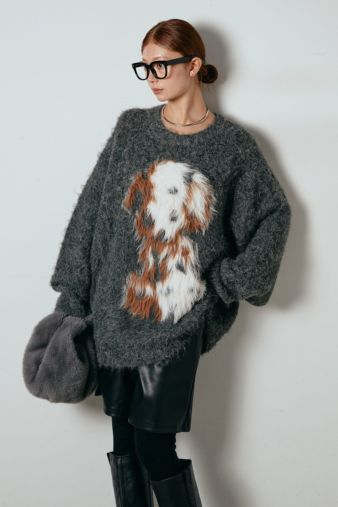 [SET]シャギーニュアンスアニマルニット+ストレッチエコレザーバミューダパンツ(2set)