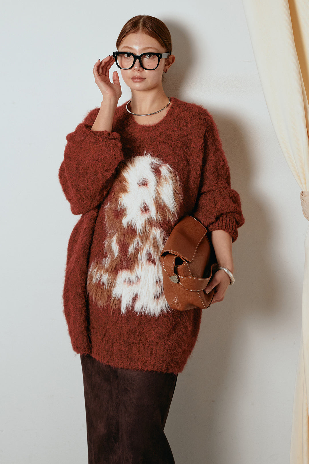 [SET]シャギーニュアンスアニマルニット+スウェードライク裾フリンジスカート(2set)