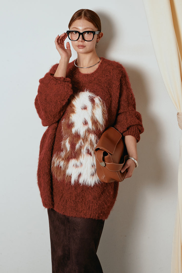 [SET]シャギーニュアンスアニマルニット+スウェードライク裾フリンジスカート(2set)