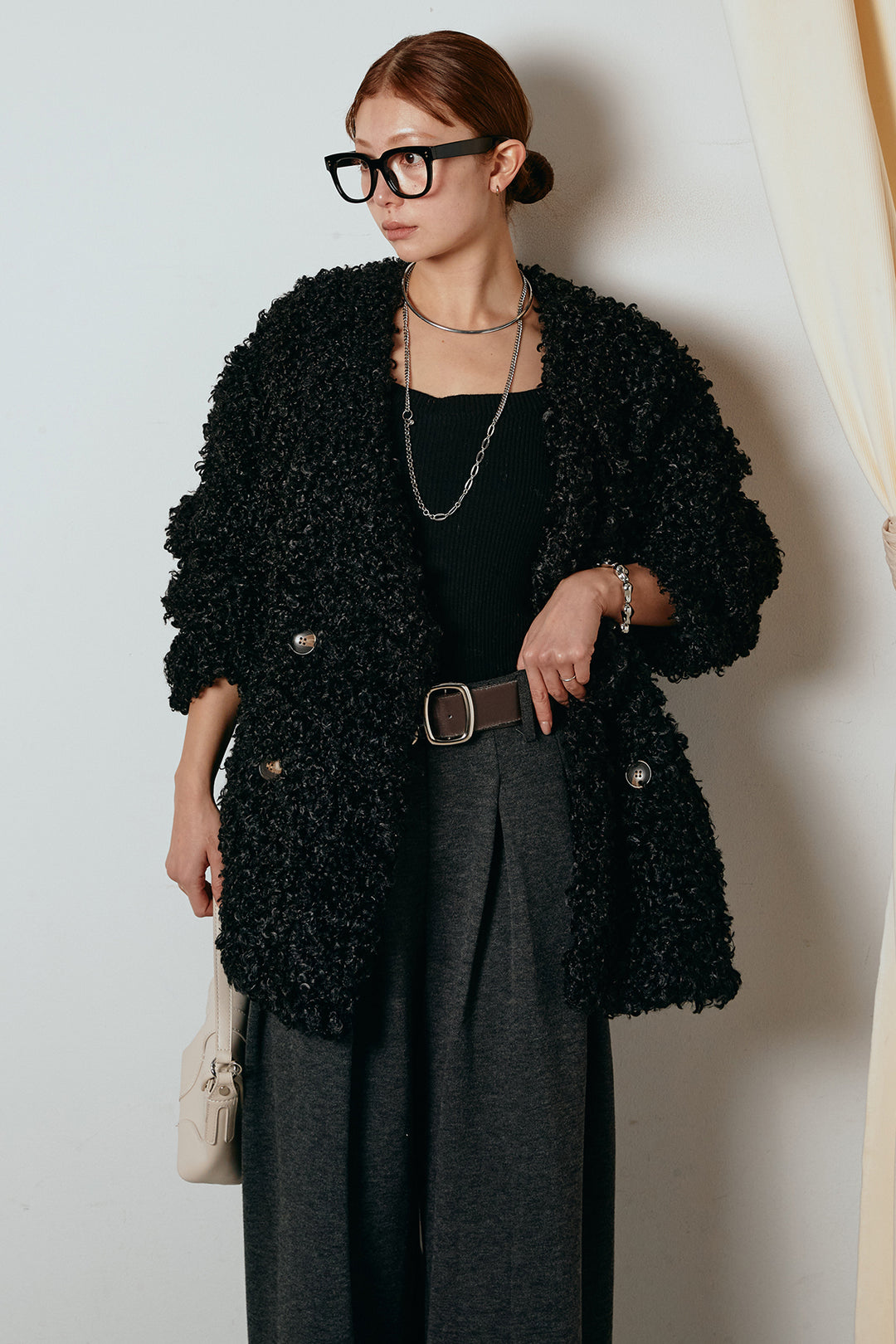 [SET]シープライクファージャケット+フェイクレザー太ベルト付きタックワイドパンツ(2set)