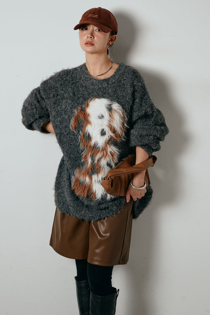 [SET]シャギーニュアンスアニマルニット+ストレッチエコレザーバミューダパンツ(2set)