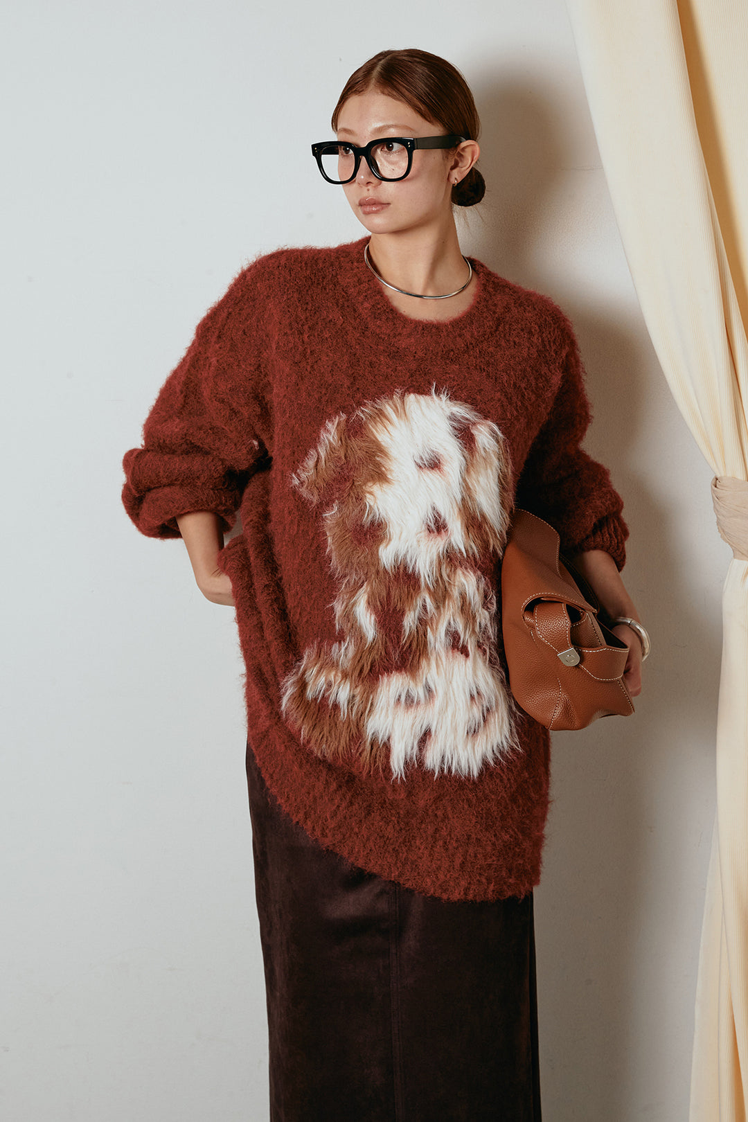 [SET]シャギーニュアンスアニマルニット+スウェードライク裾フリンジスカート(2set)