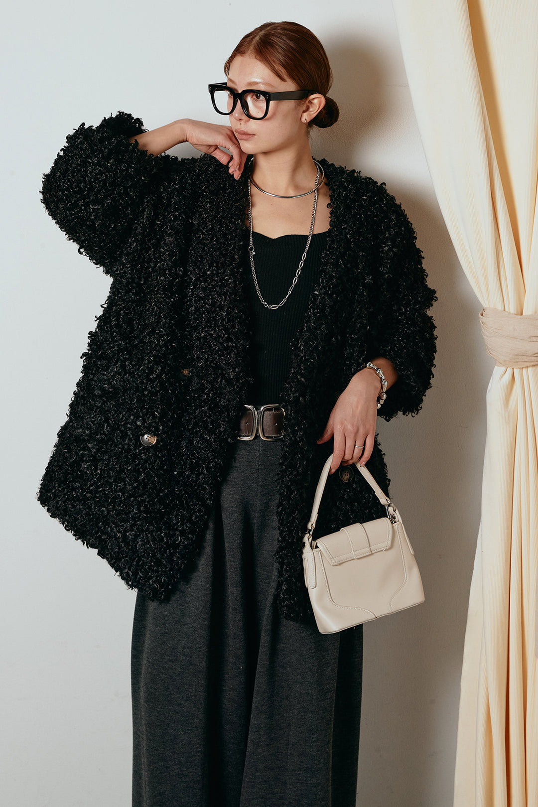 [SET]シープライクファージャケット+フェイクレザー太ベルト付きタックワイドパンツ(2set)