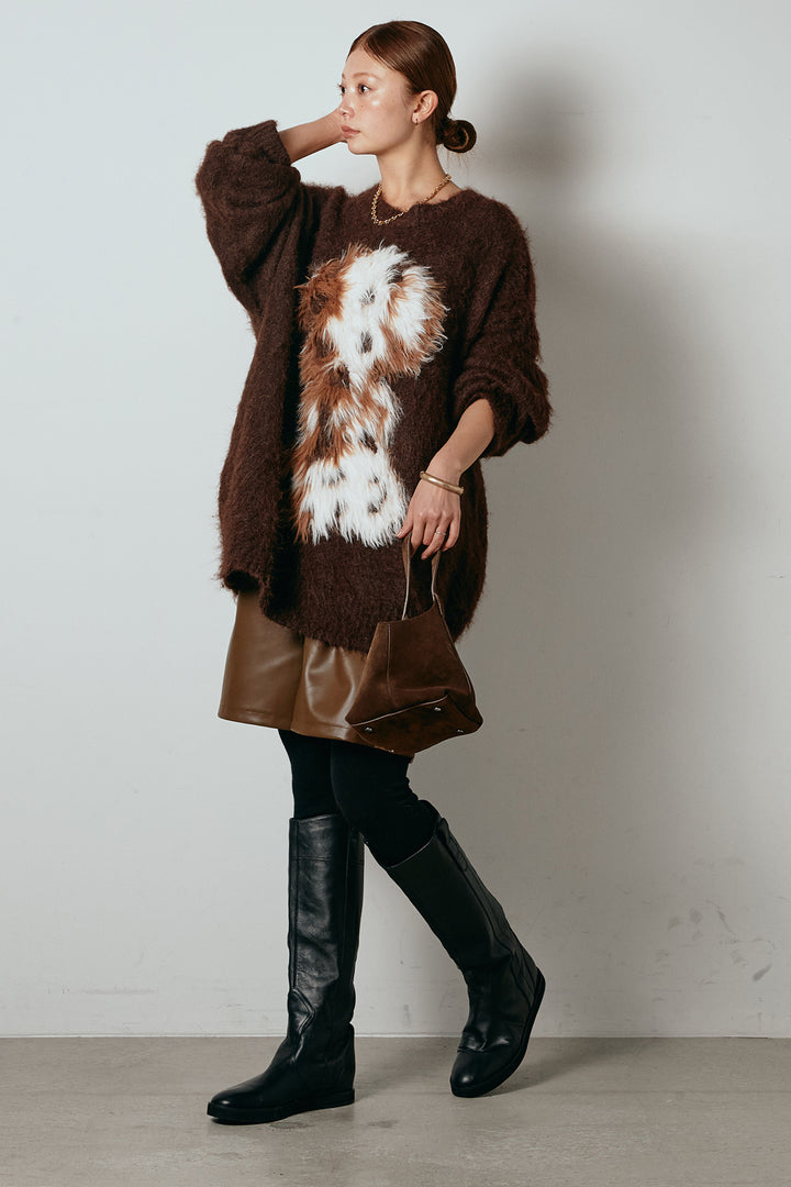 [SET]シャギーニュアンスアニマルニット+ストレッチエコレザーバミューダパンツ(2set)