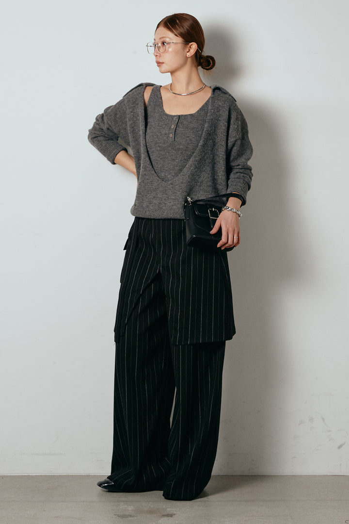 [SET]襟付きレイヤードニットトップス+細ストライプレイヤードデザインパンツ(2set)