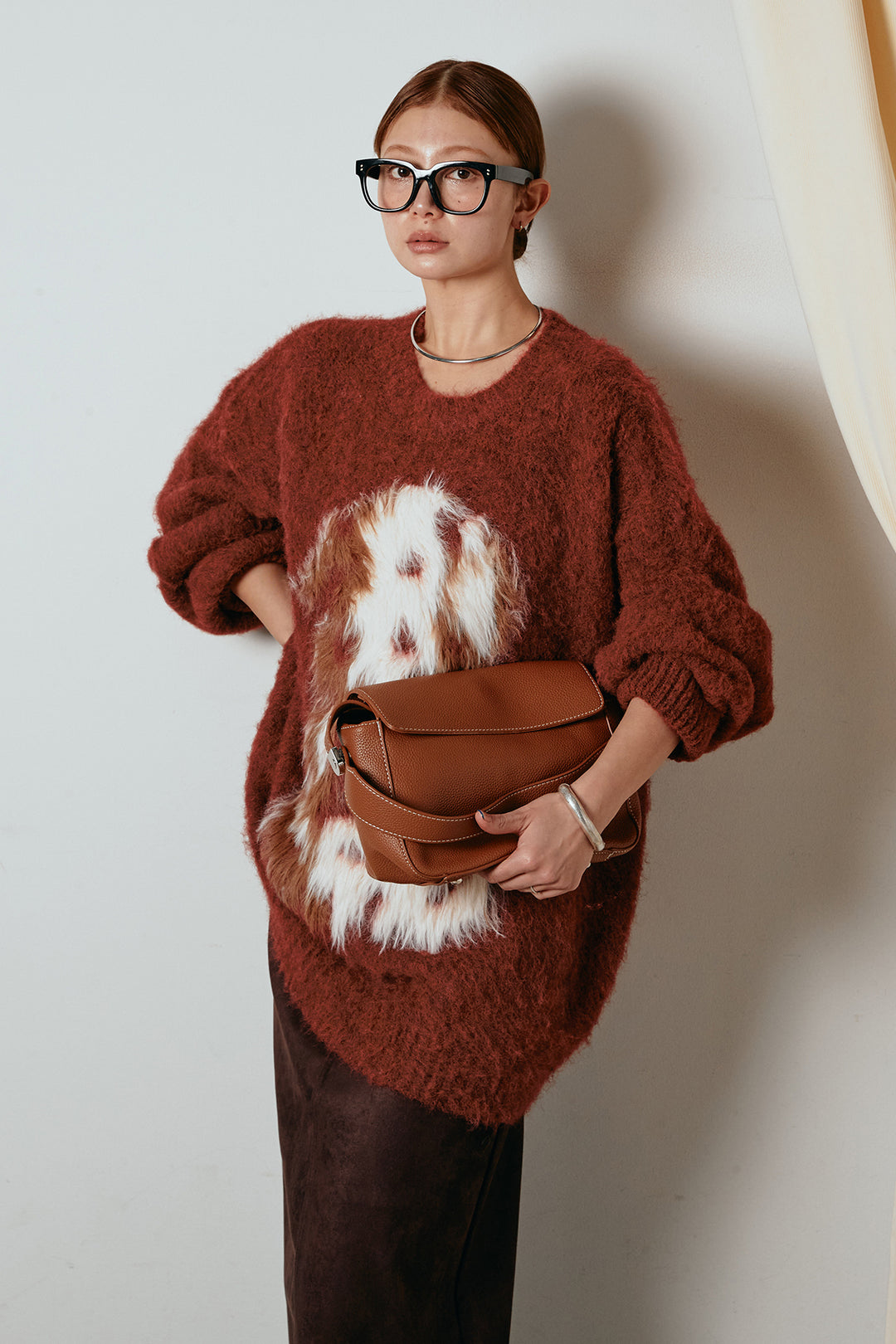 [SET]シャギーニュアンスアニマルニット+スウェードライク裾フリンジスカート(2set)