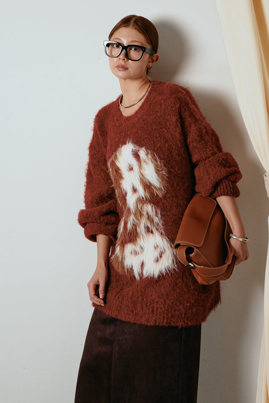 [SET]シャギーニュアンスアニマルニット+スウェードライク裾フリンジスカート(2set)