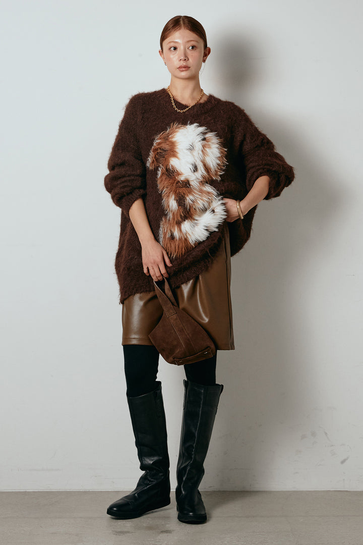 [SET]シャギーニュアンスアニマルニット+ストレッチエコレザーバミューダパンツ(2set)