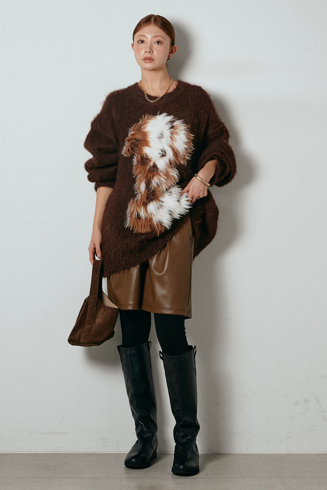 [SET]シャギーニュアンスアニマルニット+ストレッチエコレザーバミューダパンツ(2set)